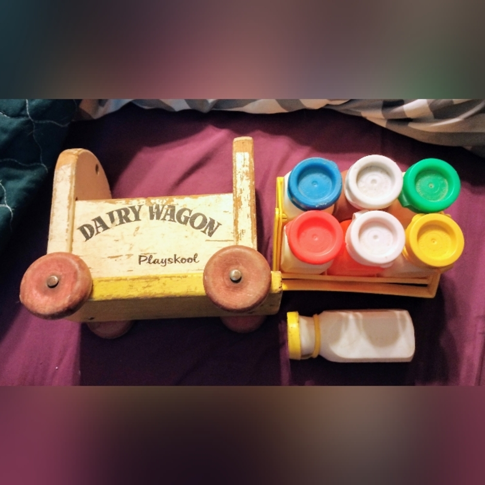 Vintage Playskool Dairy Wagon & Fisher Price Milk Bottles